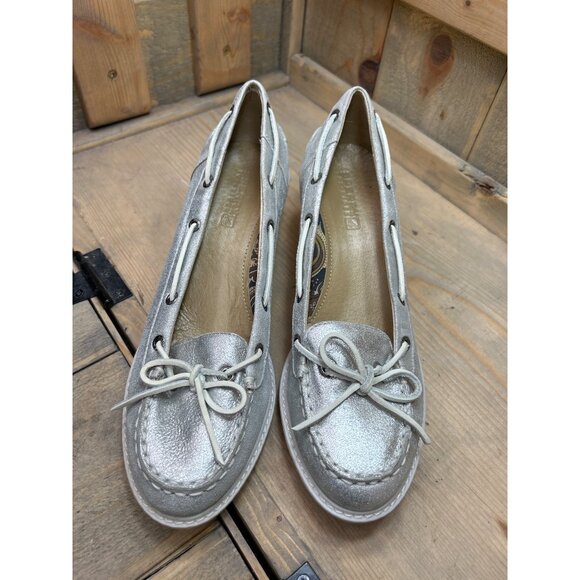 Sperry Womens Metallic Silver Leather Wedge Loafers Size 7.5M - Picture 3 of 9